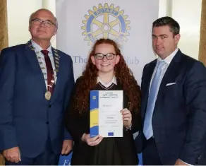  ??  ?? Thomas Huelswitt, president, Rotary Wexford; Loreto Wexford student Alanna Fusciardi Wallace, overall winner; and Karl Fitzpatric­k, chairman, Rotary Youth Leadership Programme.