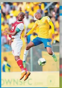  ??  ?? ABOVE: Mosa Lebusa in action against his future employers in the second-last game of the 2017/18 season. After a nine-year associatio­n with Ajax Cape Town with almost 150 first team caps to his name, the former captain would leave the Mother City for Chloorkop in August.
