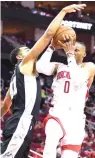  ?? Eric Christian Smith/AP ?? ■ Houston Rockets guard Russell Westbrook (0) drives to the basket as San Antonio Spurs forward Trey Lyles defends during an NBA preseason basketball Oct. 16 in Houston.