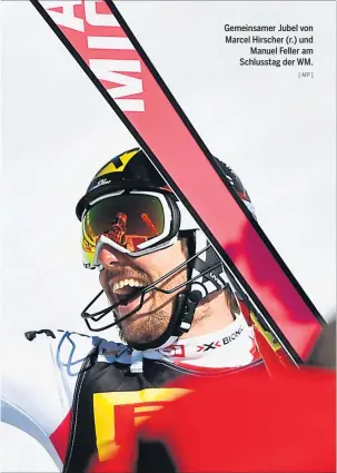  ?? [ AFP ] ?? Gemeinsame­r Jubel von Marcel Hirscher (r.) und Manuel Feller am Schlusstag der WM.