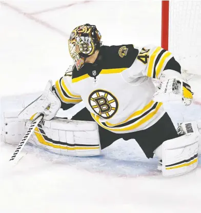  ?? GRANT HALVERSON / GETTY IMAGES ?? Bruins goalie Tuukka Rask has a playoff-leading 1.96 goals-against average and a .939 save percentage.