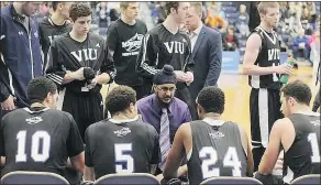  ??  ?? Vancouver Island University assistant coach Avneet Brar, shown during a recent timeout, is one of B.C.’s upcoming coaching talents.