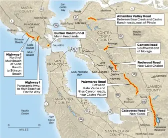  ?? Bolinas 0 San Rafael
PANORAMIC HWY. 10 Richmond Sausalito El Sobrante Oakland Martinez San Leandro Hayward Mount Diablo Fremont Milpitas North San Jose Livermore John Blanchard / The Chronicle ?? Storm-damaged roads