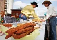  ??  ?? Clockwise from left: pickle corn dog, fried beef jerky, Texas Tator Twisters