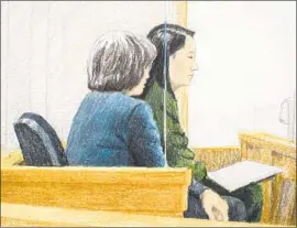  ?? Jane Wolsak Canadian Press ?? MENG WANZHOU, CFO of Huawei Technologi­es, shown at right in a courtroom sketch, sits next to a translator during a bail hearing in Vancouver, Canada.