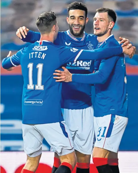  ??  ?? Connor Goldson is all smiles after he had rounded off the scoring with Rangers’ fifth of the afternoon