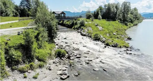  ?? BILD: SN/CHRIS HOFER ?? Das Kraftwerk ist unterhalb der Mündung der Fischach in Bergheim-Muntigl geplant. In der Salzach-Böschung (links) soll das Rohr für die Zuleitung verlegt werden.