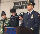  ?? MICHAEL GWIZDALA - MEDIANEWS GROUP FILE ?? Troy Police Captain Joseph Centanni speaks at his walkout ceremony with Troy police last year. Watervliet has named Centanni its new police chief.
