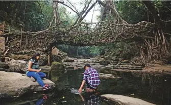  ?? New York Times News Service ?? Tourists at the living root bridge, a popular attraction in Mawlynnong. The village in northeast India attracts visitors eager for a slice of village life and a tradition of cleanlines­s.