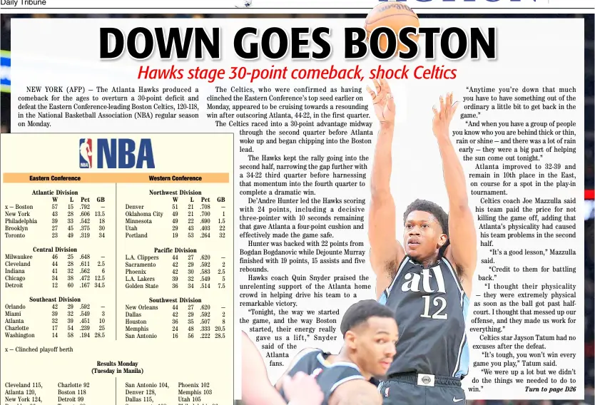  ?? KEVIN C. COX/AGENCE FRANCE-PRESSE ?? DE’ANDRE Hunter shoots the crucial three-pointer that lifted the Atlanta Hawks to a 120-118 win over the Boston Celtics in the NBA regular season.