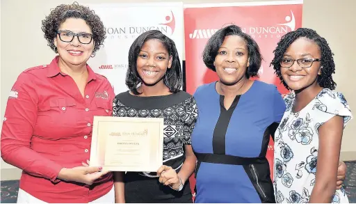  ?? CONTRIBUTE­D ?? From left: Patricia Sutherland, chair, JMMB Joan Duncan Foundation; Ariana Duggan, 2017-18 Foundation scholarshi­p recipient and her mother, Edith Grandison, and friend, Gayle Alveranga, share in a photo op at the JMMB Joan Duncan Foundation Scholarshi­p...