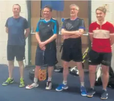  ??  ?? The Lunchtime Gents badminton doubles team prior to their 5-0 win against Abertay University. From left — Mark Hunter, Sean Kingsley, Aymeric Renoud and Malcolm Cheyne.