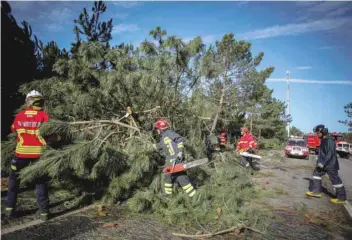  ?? — AFP ?? Firefighte­rs remove broken trees from the road in Figueira da Foz on Sunday after the post-tropical storm Leslie reached Portugal.