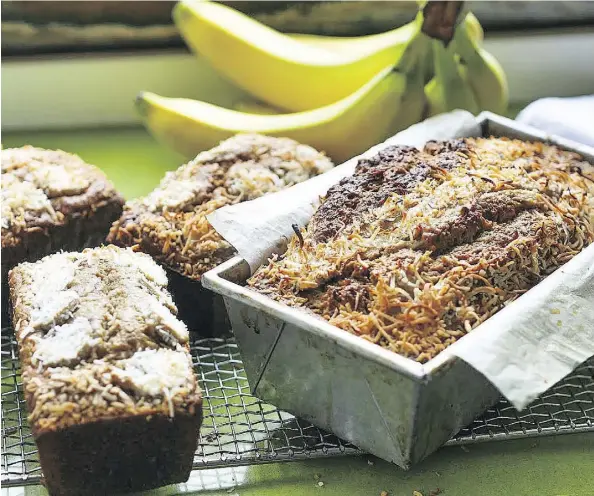  ?? PHOTOS: KAREN BARNABY ?? Coconut banana bread tastes best when it’s allowed to age for a day, permitting the flavours to ripen.