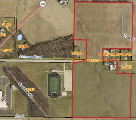  ?? Photo provided ?? Pictured is a screenshot of a portion of the approximat­e 147-acre Philip E. Doseck Estate that the city is planning to purchase. It will be used for housing and future St. Marys City Schools developmen­ts.