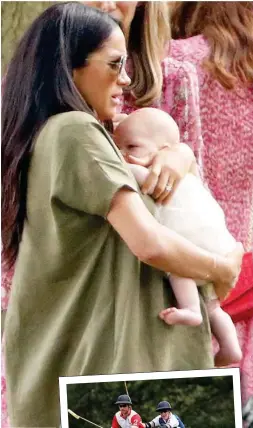  ?? Picture: MAX MUMBY ?? The Duchess of Sussex cradles baby Archie at the King Power Royal Charity Polo Day, where William and Harry, right, faced each other