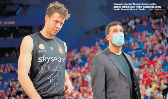  ?? Photo / Photosport ?? Breakers captain Thomas Abercrombi­e limped off the court with a hamstring injury late in Sunday’s loss to Perth.