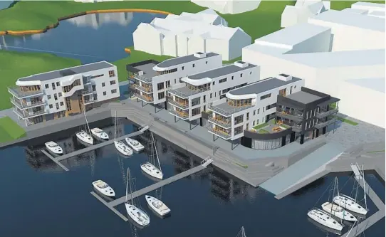  ??  ?? UTBYGGING: Slik ser KB arkitekter for seg Pharos odde, med nye lokaler for Grimstad bådsenter og 32 nye leilighete­r.