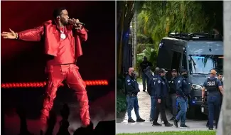  ?? ?? Sean "Diddy" Combs performing at the 2023 MTV Video Music Awards (left), federal authoritie­s searching Combs' home in Miami Beach, Florida on Monday (25 March).