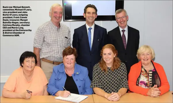  ??  ?? Back row: Michael Bennett, committee; Michael O’Leary, vice-president and John Burke-O’Leary, outgoing president. Front: Connie Doyle, treasurer; Margot Banville-Hogan, secretary; Catriona Murphy, chamber CEO and Maree Lyng, president at the...