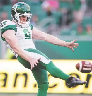  ?? TROY FLEECE ?? Jon Ryan’s punting average has improved in each game since he rejoined the Roughrider­s. The veteran still holds the CFL record for highest average in a season.