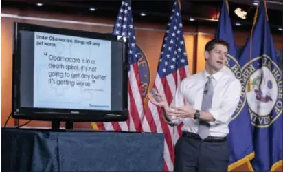  ?? ASSOCIATED PRESS ?? Republican House Speaker Paul Ryan uses charts and graphs to make his case for the GOP’s long-awaited plan to repeal and replace the Affordable Care Act during a news conference on Capitol Hill in Washington.