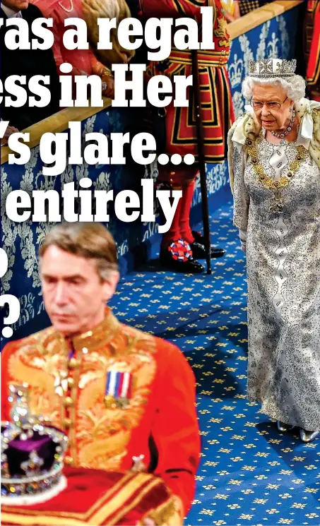  ??  ?? Pageantry: The Marquess of Cholmondel­ey carries the Imperial State Crown ahead of the Queen and Prince Charles as they arrive at the House of Lords yesterday