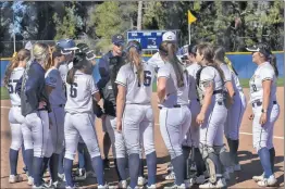  ?? Jayme Thomas/COC
Sports Informatio­n ?? College of the Canyons head coach John Wissmath addresses his team after Tuesday’s 8-0 win over Glendale College, the first of five games on the Cougars’ schedule this week. Canyons pushed its win streak to eight games with an 8-1 victory over Citrus...