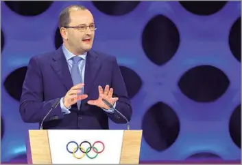  ?? Fabrice Coffrini AFP/Getty Images ?? ‘A YOUNG AND SYMPATHETI­C LEADER’ Patrick Baumann addresses the 131st Internatio­nal Olympic Committee session in Lima, Peru, in 2017. He recently was in Los Angeles to meet with organizers and tour several venues for the 2028 Summer Games.