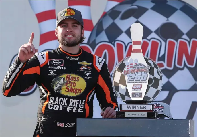  ?? GettY images ?? WINNER, WINNER: Noah Gragson celebrates after winning the NASCAR Xfinity Series Go Bowling 250 at Richmond Raceway on Saturday in Richmond, Va.
