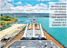  ?? ?? USS Arizona Memorial as seen IURP WKH EDWWOHVKLS USS Missouri – aboard which Japan signed the µ,QVWUXPHQW RI Surrender’ on 2 September 1945