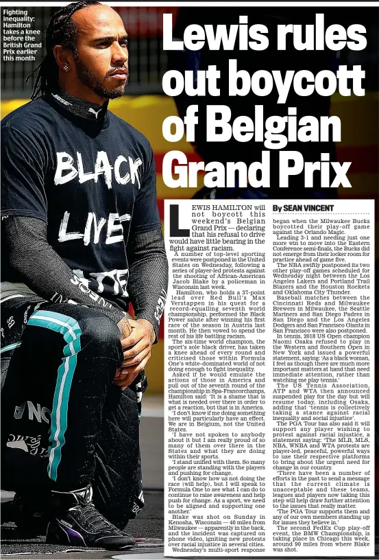  ??  ?? Fighting inequality: Hamilton takes a knee before the British Grand Prix earlier this month