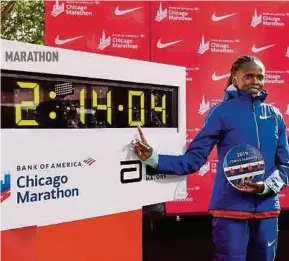  ?? AFP PIC ?? Brigid Kosgei of Kenya after breaking the world record to win the Chicago Marathon on Sunday.