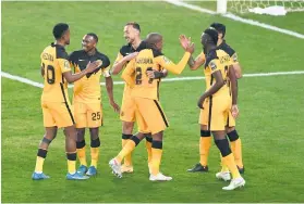  ?? /Gallo Images ?? Chiefs players celebrate during the CAF Champions League 1st leg quarter-final match against Simba SC.