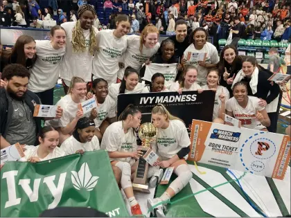  ?? KYLE FRANKO — TRENTONIAN PHOTO ?? Princeton players celebrate at midcourt after defeating Columbia in the Ivy League Tournament final on Saturday night at Levien Gymnasium in New York.