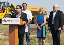  ?? GREG SOUTHAM ?? Enoch Cree Nation Chief Billy Morin, Natural Resources Minister Amarjeet Sohi, Premier Rachel Notley and Kinder Morgan president Ian Anderson, at Friday’s Trans Mountain groundbrea­king ceremony.