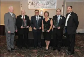  ?? GENE WALSH — DIGITAL FIRST MEDIA ?? Montgomery County Coaches Hall of Fame Honor Roll members (from left) Selection Committee Chair Tom Brady, Honor Roll inductees Ed Molnar, Ken Constable, Elise Baker, Mark Siefer and President Dale Hood Tuesday.
