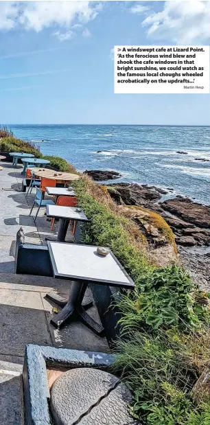  ?? Martin Hesp ?? > A windswept cafe at Lizard Point. ‘As the ferocious wind blew and shook the cafe windows in that bright sunshine, we could watch as the famous local choughs wheeled acrobatica­lly on the updrafts...’