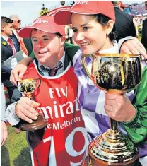  ??  ?? Another country: Michelle Payne acclimatis­es to England in Newmarket (right) and with her brother Stevie (left) after winning the 2015 Melbourne Cup