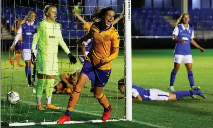  ??  ?? Nicoline Sørensen celebrates scoring Everton’s second goal from Ingrid Moe Wold’s cross against Birmingham. Photograph: Jason Cairnduff/Action Images/Reuters