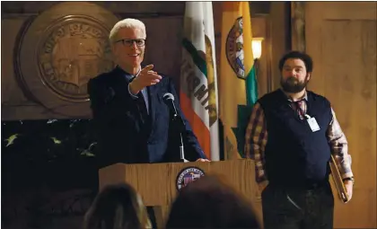  ?? PHOTOS BY MITCHELL HADDAD — NBC ?? Ted Danson as Mayor Neil Bremer, left, and Bobby Moynihan as Jayden Kwapis in a scene from the new comedy “Mr. Mayor,” premiering on Thursday.