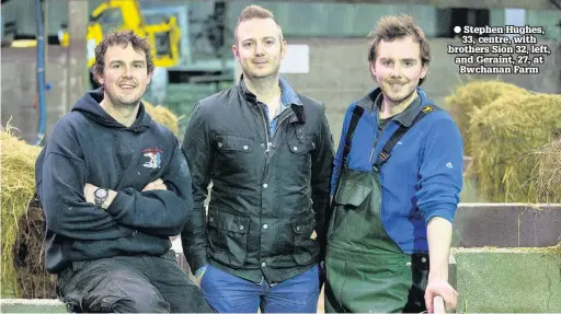  ??  ?? ● Stephen Hughes, 33, centre, with brothers Sion 32, left, and Geraint, 27, at Bwchanan Farm