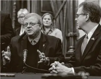  ?? Staff file photo ?? “Nothing else happens until we come to grips with this budget wall,” said state Sen. Paul Bettencour­t, left, a Houston Republican. The legislativ­e session begins Tuesday.