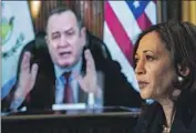  ?? Kent Nishimura Los Angeles Times ?? VICE PRESIDENT Kamala Harris talks with Guatemalan President Alejandro Giammattei in April.