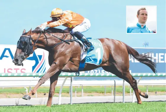  ?? Picture: TRACKSIDE PHOTOGRAPH­Y ?? Tyzone, pictured winning at the Gold Coast earlier this year, claimed his first listed win with jockey Ryan Plumb (inset) in the saddle.