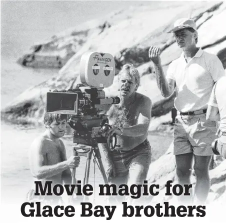  ?? CONTRIBUTE­D ?? TOP: Key grip Scott MacDonald, left, works with cameraman brother Cam, center, on the set of April Fool’s Day, a 1986 horror movie filmed in British Columbia.