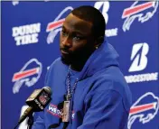  ?? ASSOCIATED PRESS ?? IN THIS DEC. 17, 2017, FILE PHOTO, Buffalo Bills running back LeSean McCoy (25) speaks with the media following a game against the Miami Dolphins in Orchard Park, N.Y. McCoy says an allegation posted on social media accusing him of bloodying his former girlfriend’s face is baseless and false. An Instagram post Tuesday from a person who says she is friends with the woman showed a graphic photo of the former girlfriend and accuses McCoy of physically abusing her, his son and his dog, as well as injecting steroids.