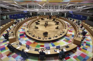  ?? KENZO TRIBOUILLA­RD — POOL ?? On Oct. 15, a general view is seen of EU heads of state during a meeting at an EU summit at the European Council building in Brussels.