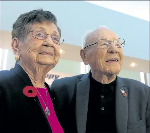  ?? DAVE ABEL/TORONTO SUN ?? Leafs Legend and Hall of Fame Stanley Cup winner Johnny Bower celebrates his 93rd birthday with his wife Nancy at the Mandarin restaurant in Mississaug­a this past November. The current Leafs reminisced over Bower, who died Tuesday.