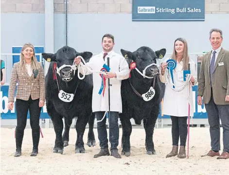  ?? ?? TOP TWO: Aberdeen Angus champion Retties Field Marshall and reserve Idvies Fairfax at Stirling Bull Sales.